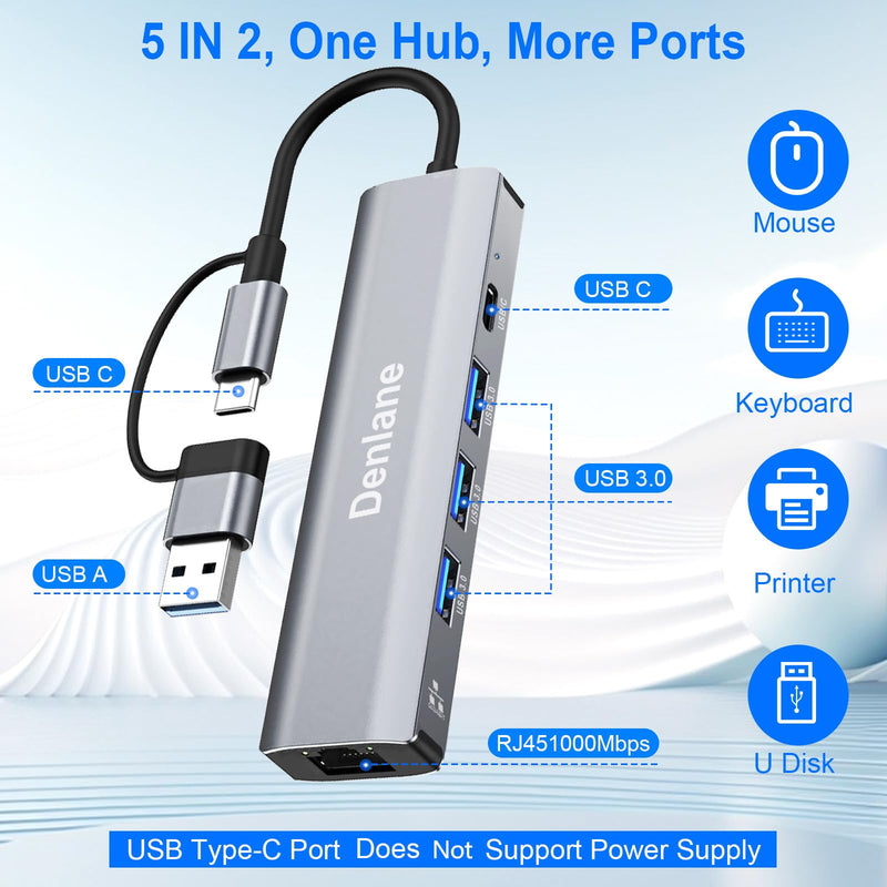 USB C USB 3.0 to Ethernet Adapter, 5 in 2 Gigabit USB Ethernet Hub for Laptop with 4-Port USB-A 3.0 and USBC, 1000Mbps RJ45 LAN Network Adapter Compatible with MacBook/iPad Pro/Phone/Tablet