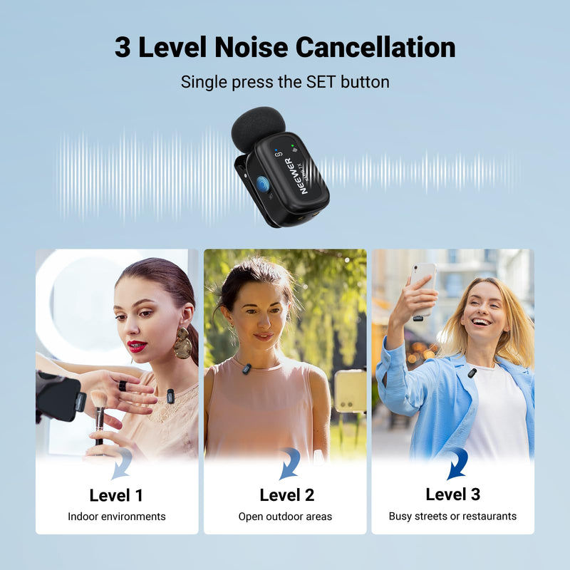 NEEWER KM19 Mini Lav Mic Compatible with iPhone 17 16 15, Black | Noise Canceling Wireless Lapel Microphone with App Control, 30h Battery, 100m Range, Compatible with iPhone Android PC