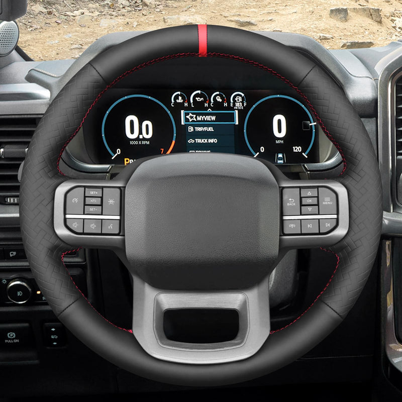 MEWANT DIY Black Smooth Woven Embossed Faux Leather Steering Wheel Cover for Ford F150 Lightning F350 2024 Expedition Black Smooth&Woven Embossed Faux Leather