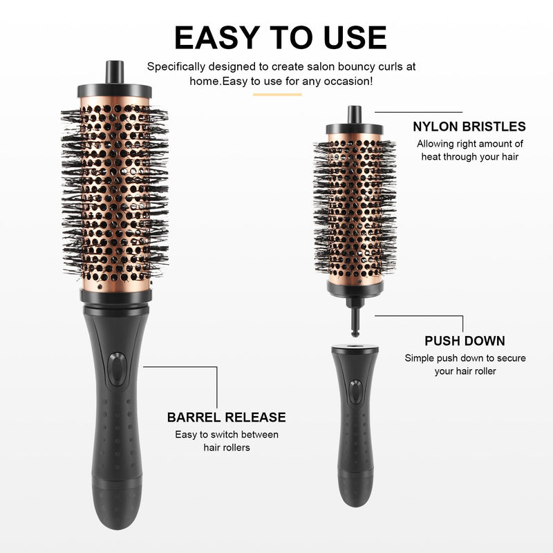 Round Hair Brush Set Detachable Handle Hair Roller Brush 3 Sizes Round Hair Brush for Blow Drying with 6 Positioning Clips,6 Barrels 1 Handle Black