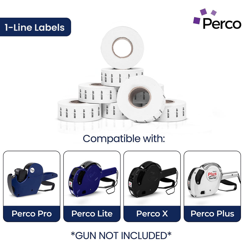 Perco Best BY 1 Line Labels - 8 Rolls, 1 Sleeve, 8,000 Blank Date Gun Labels for Perco 1 Line Date Guns - Made in USA