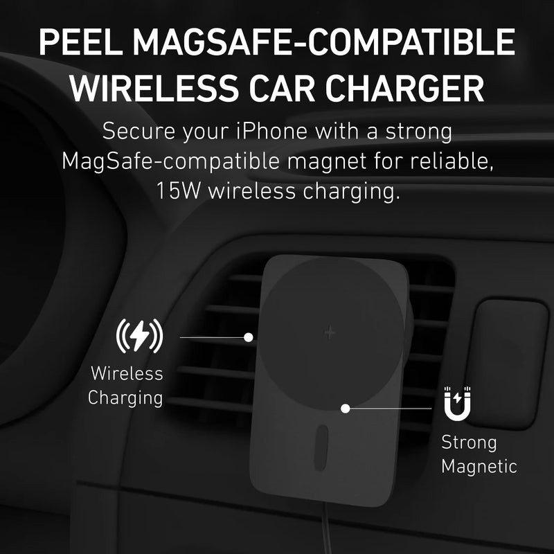PEEL Magnetic Wireless Car Charger (Black) | Compatible with MagSafe Devices, 15W Fast Wireless Charging, Adjustable Vent Mount for iPhone 17/16/15/14/13/12