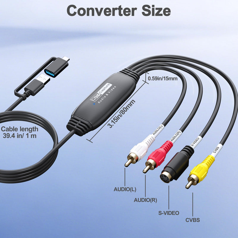 VHS to Digital Converter, RCA to USB Converter for VCR, Hi8, Mini DV, 1080P | Preserve Old Memories, Plug-and-Play, Transfer Home Videos to Computer, Popular Recording Software