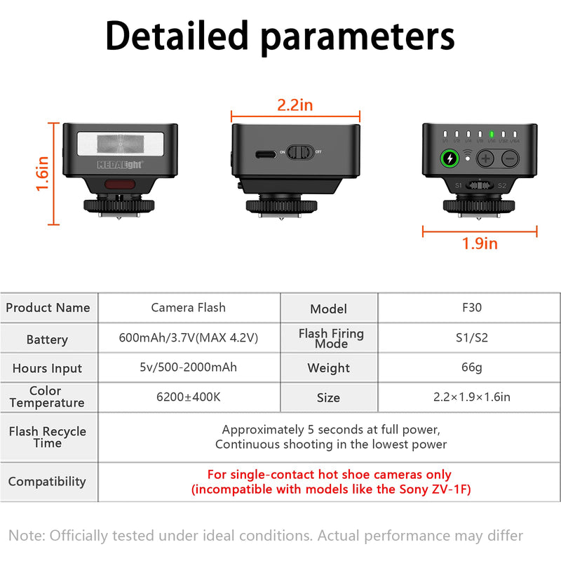 F30 Mini Camera Flash,GN15 Camera Flash 7 Power Levels Manual Hot Shoe Flash for Sony ZV1/Ricoh GR3 /Nikon/Canon/Fuji/Digital Film Cameras/DSLR Camera（Not Compatible for Sony ZV-1F.