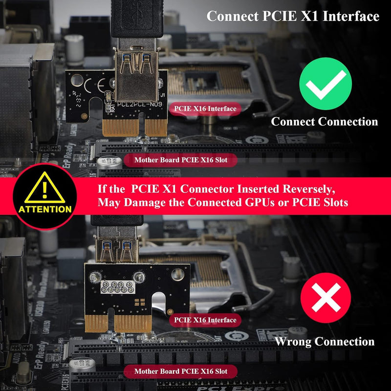 VER009S-PLUS PCI-E 1X to 16X Riser Card, 8 Solid Capacitors,6 PIN SATA Power Cable, 60cm USB 3.0 Extension Cable, Suitable for GPU Bitcoin Ethereum Mining (6 Pack)