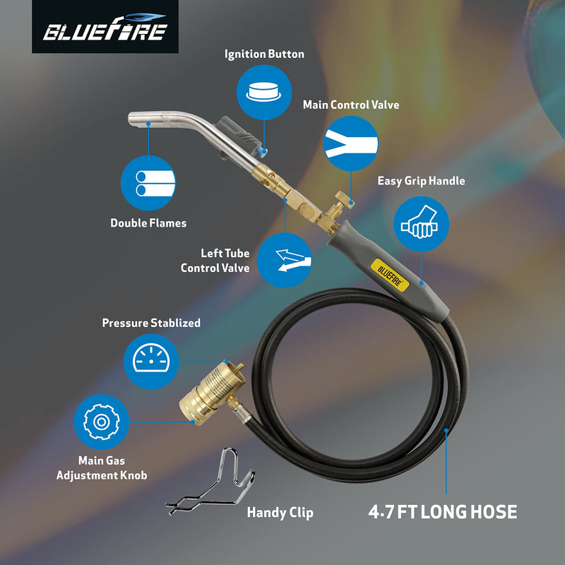 BLUEFIRE HZ-8150 Double Heads Swirl Flame Self-Ignition Hosed Turbo Torch 5' long Hose Trigger Start MAPP MAP Propane Welding Blowtorch Nozzle for brazing large diameter copper pipes, Torch Only Hosed Torch Only