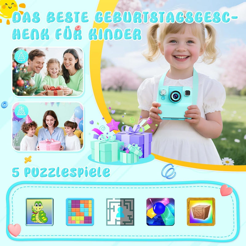 Kids Camera Instant Print, 48MP Digital Camera Selfie 1080P HD,Toys Gifts for Girls Boys Aged 3-16,Digital instant video printing cameras with 3 rolls of paper and 32 GB for Christmas/Birthday/Holiday