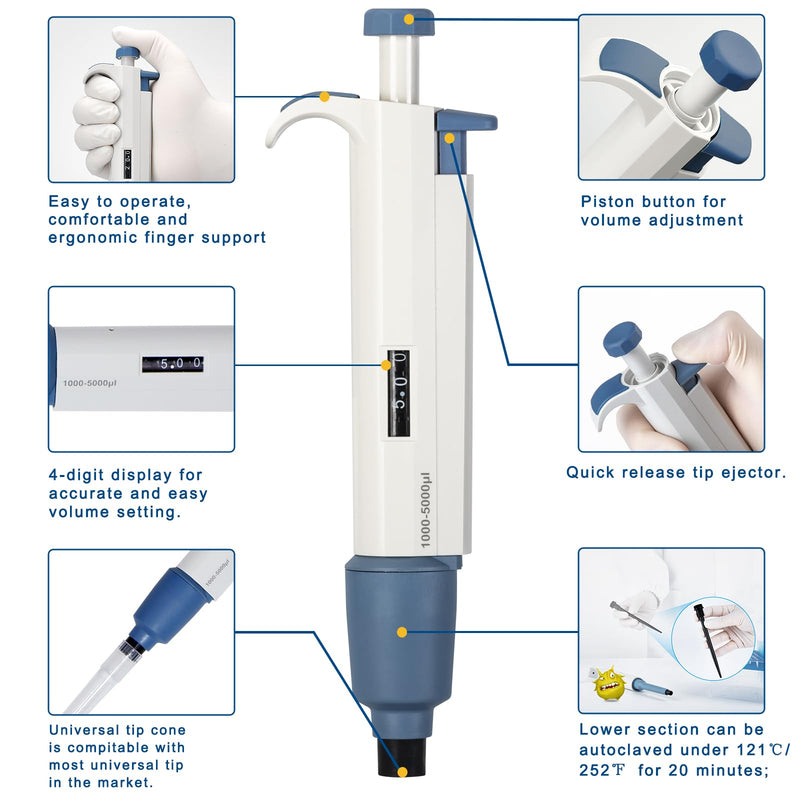 Micropipette 0.5-5ml, Adjustable Pipettor for Laboratory, Single Channel Lab Pipette,Half-Autoclavable 500-5000ul