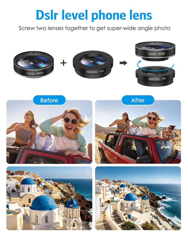 7 in 1 Clip On Phone Camera Lens Kit, 0.63X Wide Angle,15X Macro,2X Telephoto,198°Fisheye,CPL,Starburst, Kaleidoscope Universal Smartphone Lens for iPhone Samsung Google Pixel