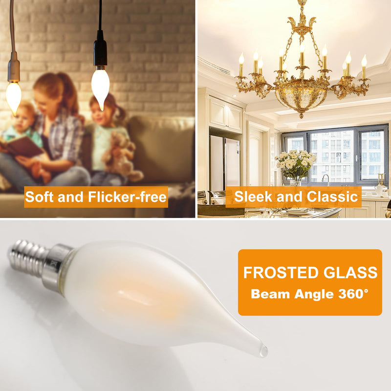E12 LED Chandelier Light Bulbs, 4W(40w Equivalent) Dimmable C11 Frosted Glass, 450 Lumens, 2700K Soft White, Candle Shaped, Ideal for Candelabras Open Fixtures, 12-Pack 12 Pack