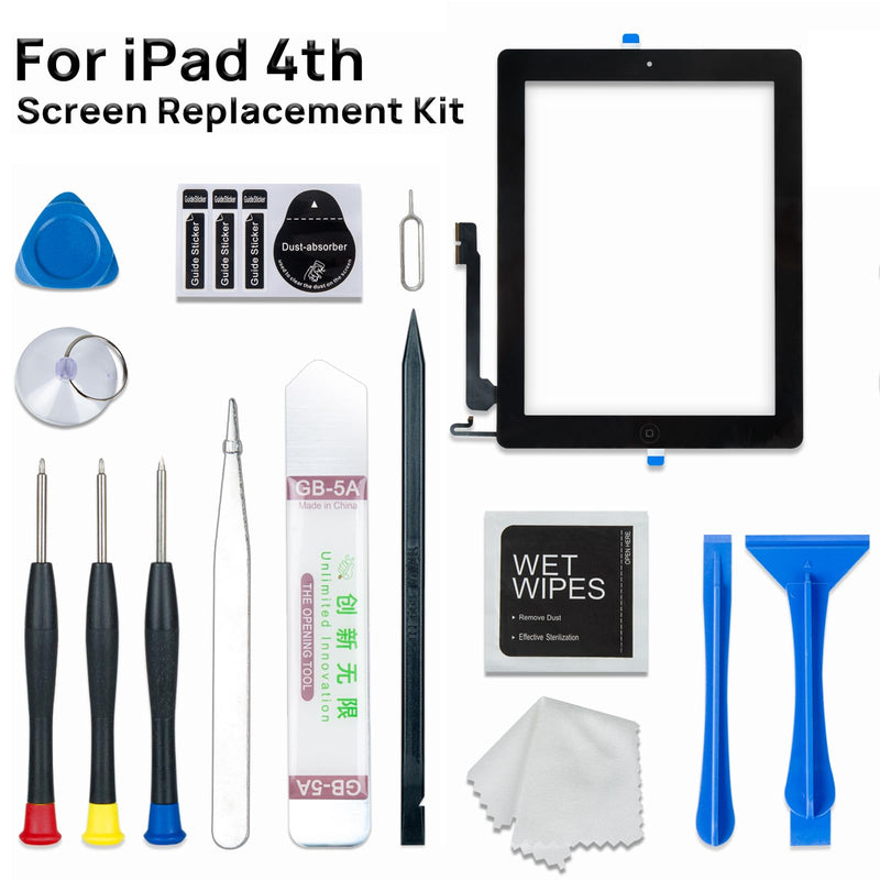 Screen Replacement for iPad 4 4th Generation, Touch Glass Compatible with iPad A1458 A1459 A1460 with Home Button and Tool Set