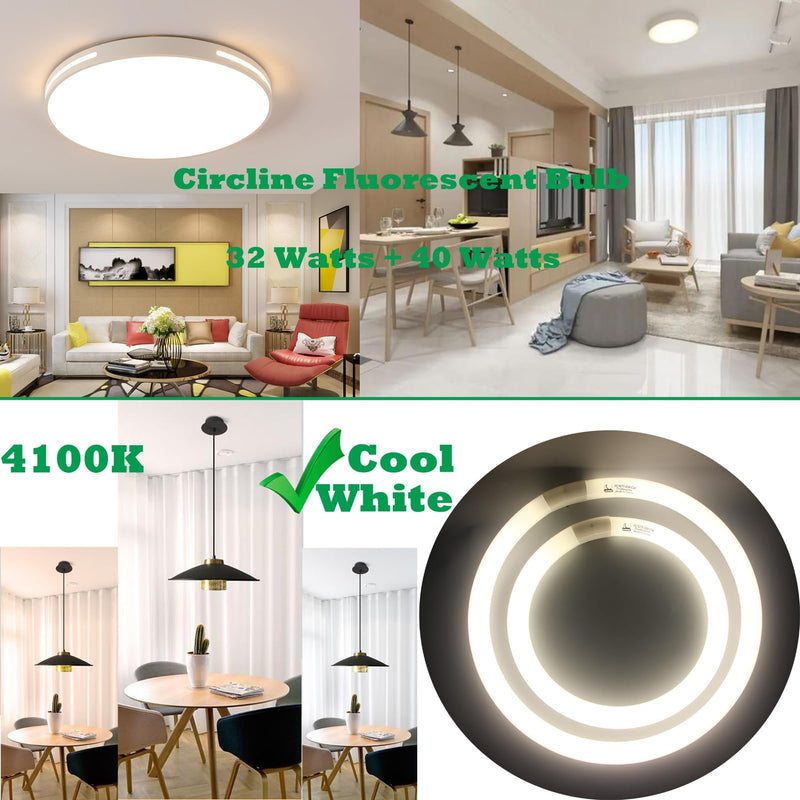 FC16T9/CW 40W and FC12T9/CW 32W Cool White Set, 16 inch T9 40 Watts Circular Bulb & 12 inch 32 Watts Round Fluorescent Light Bulbs, Circline Kitchen and Bath Light Bulb, 4100K, G10q 4 pin Prong