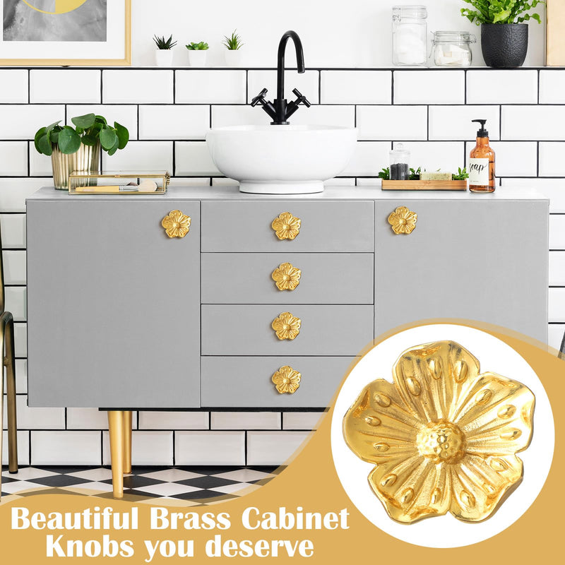 MorningRo 6 Pack Brushed Gold Flower Cabinet Knobs Kitchen Gold Drawer Pulls Bathroom Zinc Petal Handles for Dresser Drawer Decoration Knob of Cupboard Furniture Hardware