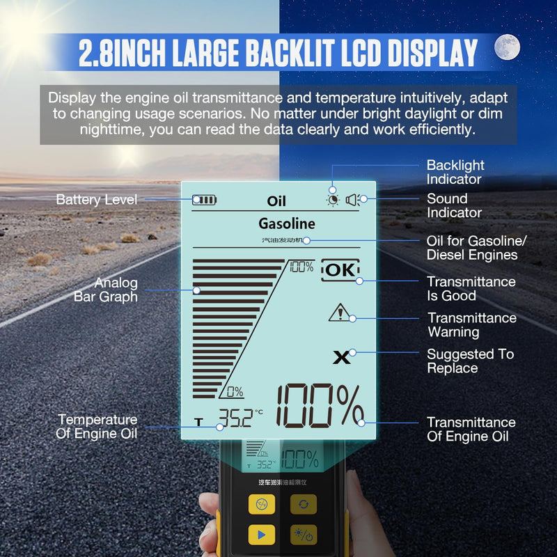 Engine Oil Tester Gasoline & Diesel Engine Oil Quality Tester Analyzer Detector High-precision Car Engine Oil Diagnostic Tool with 800MM Flexible Probe,Identifier&Sound Prompt, 2.8in Backlight Display