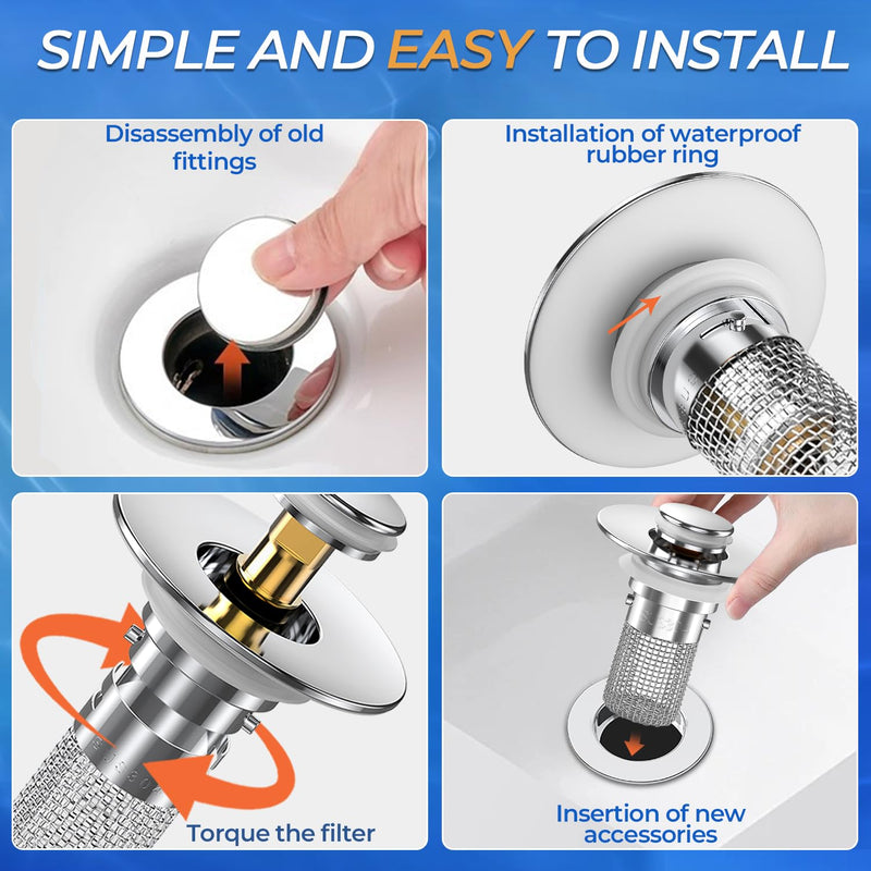 Bathroom Sink Drain Strainer, Pop-up Sink Drain Strainer with Removable Stainless Steel Strainer Basket Hair Catcher, Bathroom Sink Strainer for Bathroom Sink Stopper Replacement (3PCS) Sliver-3