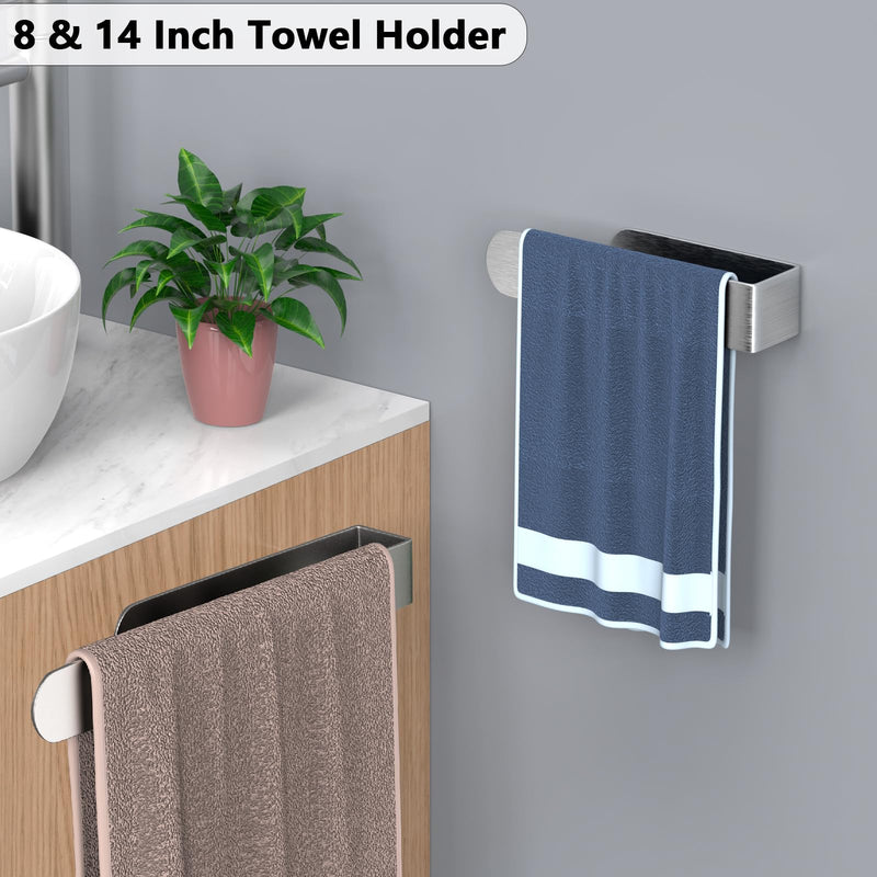 HUFEEOH Adhesive Hand Towel Holder, 8 Inch Sticky Towel Bar and 14 Inch Towel Holder Wall Mounted, Stainless Steel Kitchen Towel Holder Hand Towel Rack for Bahtroom Hotel RV Kitchen (Silver-8"&14”) Silver 2PC (8 Inch + 14 Inch)