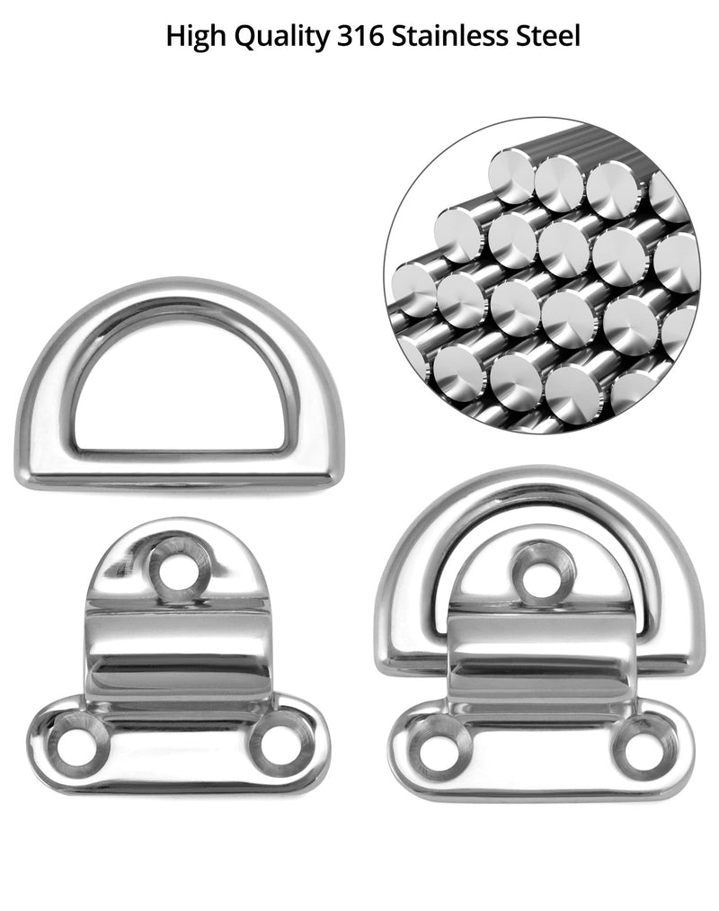 QWORK Marine Folding Pad Eye, 4 Pack Marine Grade Stainless Steel 316 D Ring Anchor, 44mm x 40mm Heavy Duty Desk Tie Down Anchor with Plate, for Marine Trailer Boats Truck
