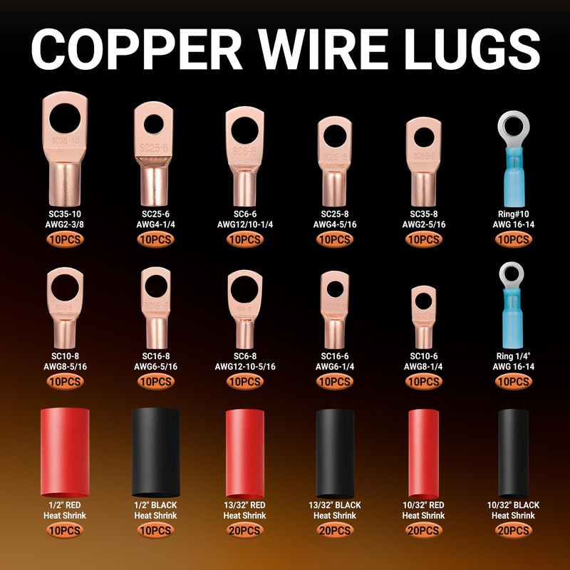 220pcs Battery Cable Ends Kit,AWG 2/4/6/8/12 Copper Lugs,Heavy Duty Wire lugs, Ring Terminal Connectors with 3:1 Heat Shrink Tube & Storage Box