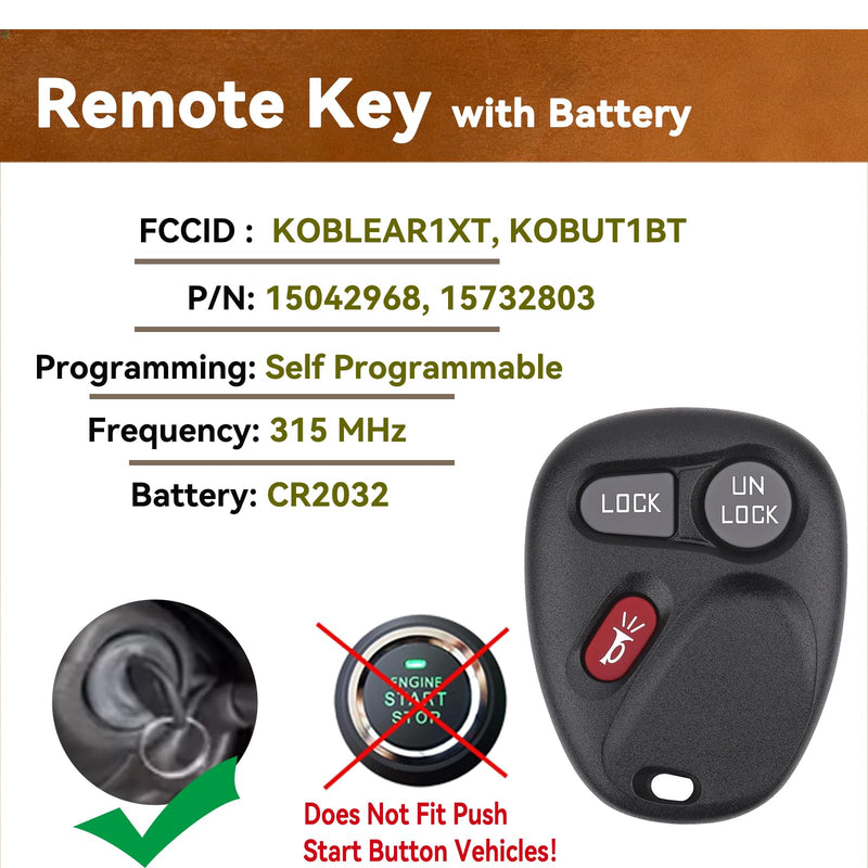 2PCS Key Fob Replacement for 1998 1999 2000 2001 2002 Chevrolet Chevy Silverado Suburban Tahoe GMC Yukon Sierra Oldsmobile Fit for Car Owner Replace or Spare Key 3-Button KOBLEAR1XT, KOBUT1BT