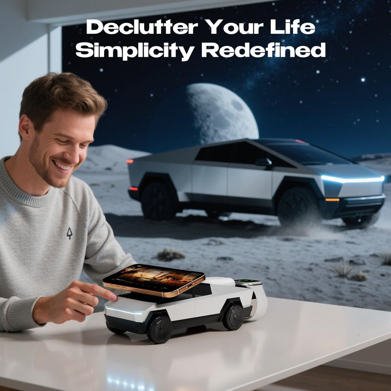 CyberDock 3-In-1 Wireless Charging Station for iPhone with Car Model Design 1:25 Scale, Qi Certified Mag-Safe Charger for iPhone iWatch AirPod, Rotating Charger with Ambient Light, 20W Adapter, Sliver