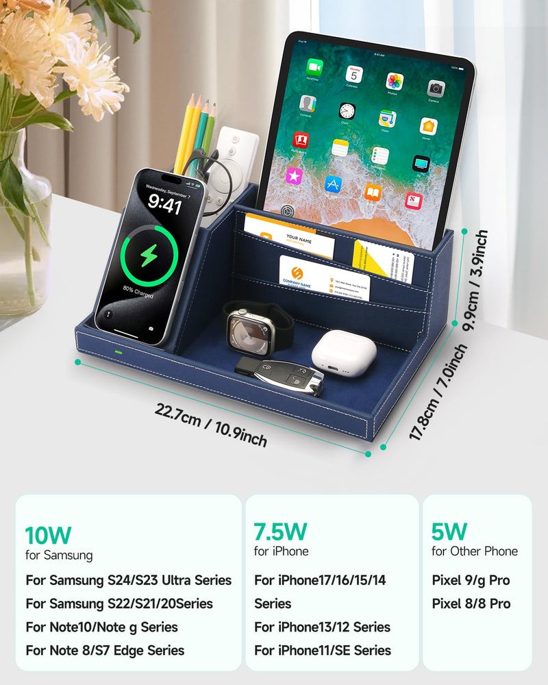 Desk Organizer with Charging Station, Nightstand Organizer Phone Docking Station, Men Gift Husband Wife Anniversary Dad Birthday Nightstand Purse Father Graduation Male Travel Idea Gadgets Blue
