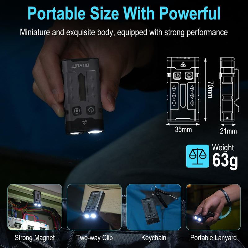BORUIT EV20 LED Small EDC Flashlight with 365nm UV Light,1100 Lumen USB-C Rechargeable Pocket Keychain Flashlights with RGB Side Light,IP66 Waterproof,Clip & Tail Magnet for Camping,Aluminum Black