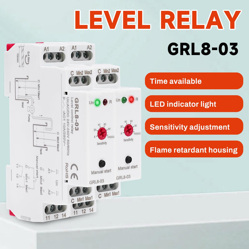 ZPSHYD Liquid Level Control Relay, GRL8-03 AC/DC 24-240V 10A Wide Voltage Electronic Water Level Controller with Sensitivity Adjustment, DIN Rail Mount for Water Tank Pump and Well Management