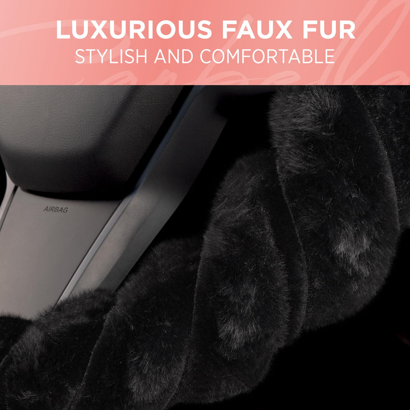 Carbella Twisted Fur Black Soft Steering Wheel Cover, Standard 15 Inch Size Fits Most Vehicles, Fuzzy Fluffy Car Steering Cover with Soft Faux Fur Touch, Car Accessories for Women 1-Twisted Fur Black