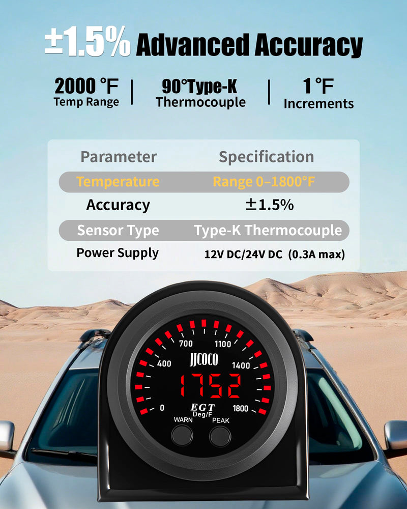 1800°F Pyrometer Exhaust Gas Temp Gauge Kit with 1/8NPT Type K EGT Sensor & Bracket LED Digital Display Exhaust Gas Temperature Meter for Car & Truck 2-1/16" (52mm)