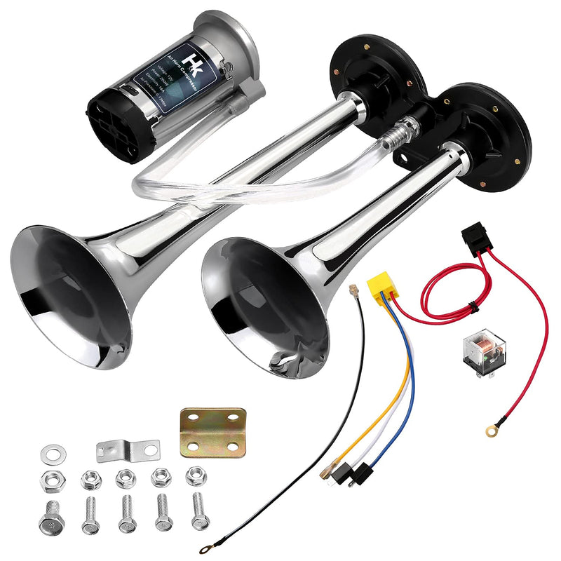 HK Replacement Air Compressor, 12V 150db Air Pump for Horn, Super Loud Car Horn Compressor Kit Chromed Zinc Single Trumpet for Any Vehicle Trucks Lorrys Cars Vans Trains Boats - Silver sliver