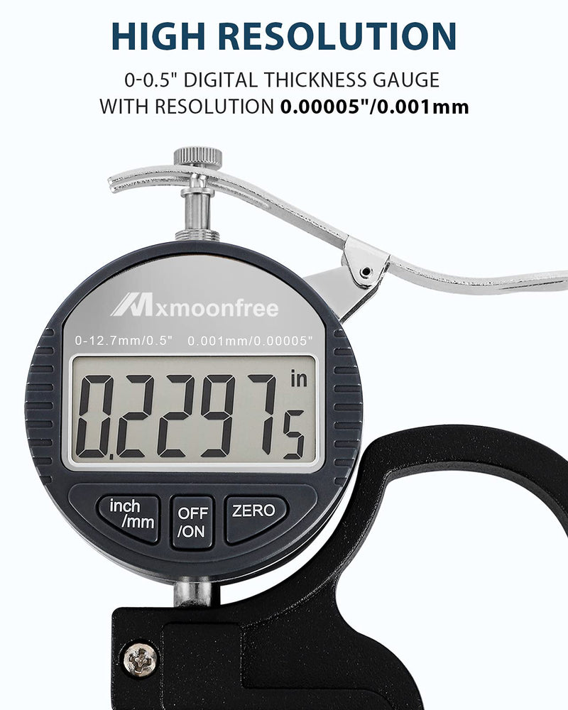 Digital Thickness Gauge 0.001mm/0.00005" | 0-12.7mm/0.5" Electronic Micrometer Thickness Meter with LCD Display, Unit Conversion, Storage Case, Extra Battery