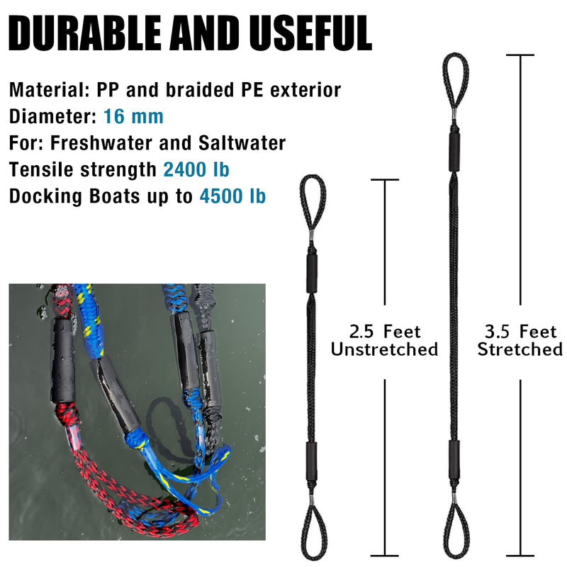 Geelu 2.5FT Bungee Dock Line 2PCS Boat Fender Ropes Use with Fenders, Buoys Or for Docking Pontoons Boat Accessories for Boats,Jet Ski, Seadoo, Yamaha (Black, 2.5Feet) Black