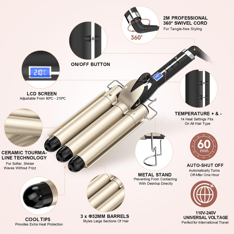 Mermaid Hair Waver 32MM for Loose Beachy Waves, AIMERVO 3 Barrel Curling Iron 1.25", 14 Heat Settings up to 210°C Work on All Hair Types, Tourmaline Ceramic Coating, Heats up in 30S,Long&Medium length Φ32MM