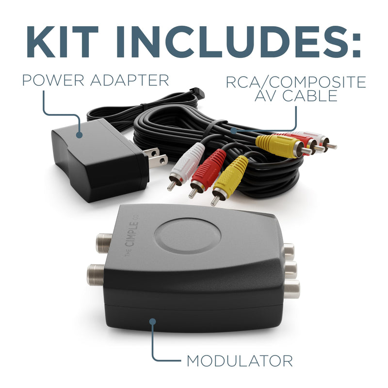 THE CIMPLE CO - RF Modulator, RCA Composite to RF Coaxial Adapter, Converts Standard Definition Signals to Coax, Watch DVD, VHS, Game Consoles on TV, Includes A/V Cable, Does Not Work in Reverse