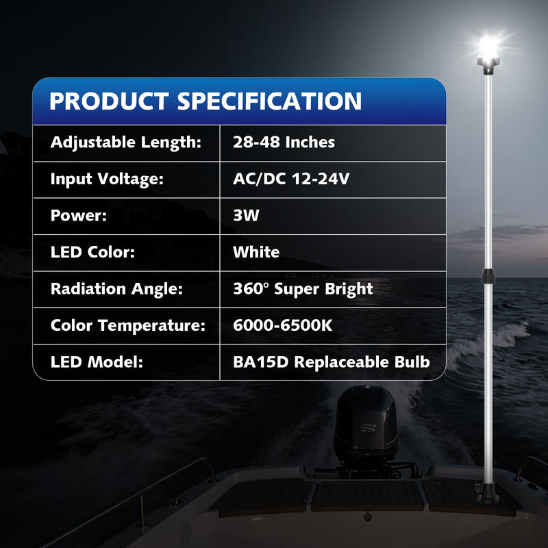 Boat Stern Light Anchor Light, 28"-48" Telescoping Pole Boat Lights LED with Base & Extra Bulb, Waterproof 3NM 360° All Round Marine Navigation Lights for Boats LED for Pontoon, Fishing, Bass Boats Sliver