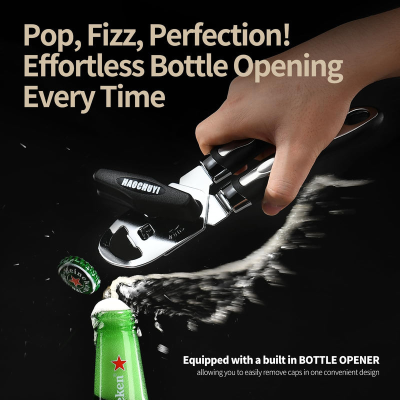 Classic Multifunction Can Opener and Bottle Opener Easy to Use, Razor Sharp Stainless Steel Cutting Wheel, Soft Ergonomic Handles, Black ﻿