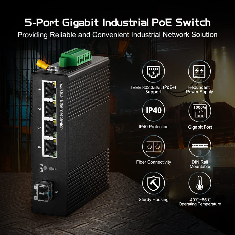 5 Port Gigabit PoE Industrial Switch, IEEE802.3af/at Ethernet, 1 SFP Port with 20km LC Module, IP40 Aluminum Alloy -40~75°C(-40~185°F), Din Rail and Wall Mount Kit, with 60W Power Supply 5 Port Gigabit PoE