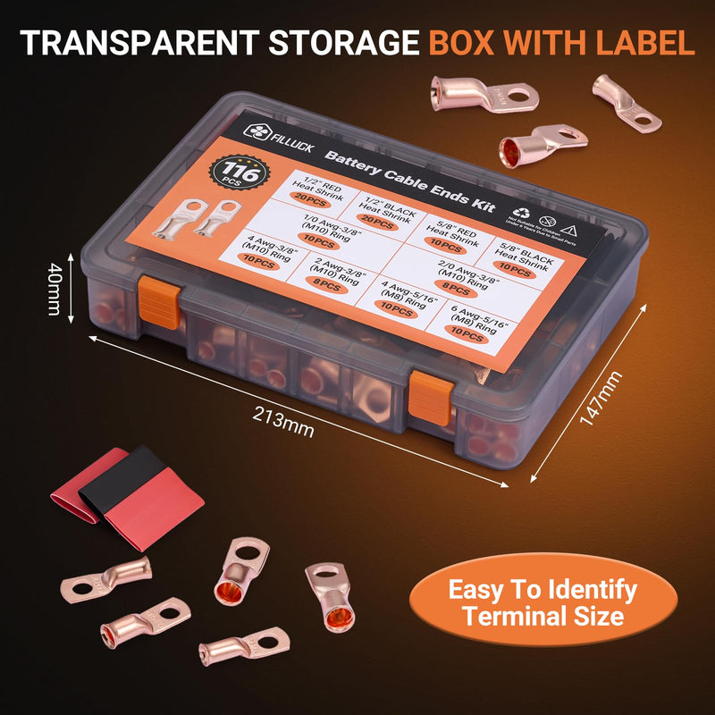116pcs Battery Cable Ends Kit,1/0 AWG 2 AWG 2/0AWG 4 AWG 6 AWG Copper Lugs,0 Gauge Heavy Duty Wire lugs, 3/8" & 5/16" Ring Terminal Connectors with 3:1 Heat Shrink Tube & Storage Box 116