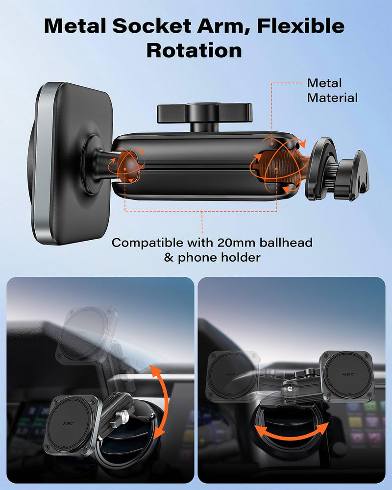 APPS2Car Alloy Magnetic Phone Mount for Tacoma 2016-2023 & Tundra 2014-2021 | Metal 20mm Ball & Socket Arm, 20*N55 Magnets, Anti-Slip, Ring for Non-MagSafe