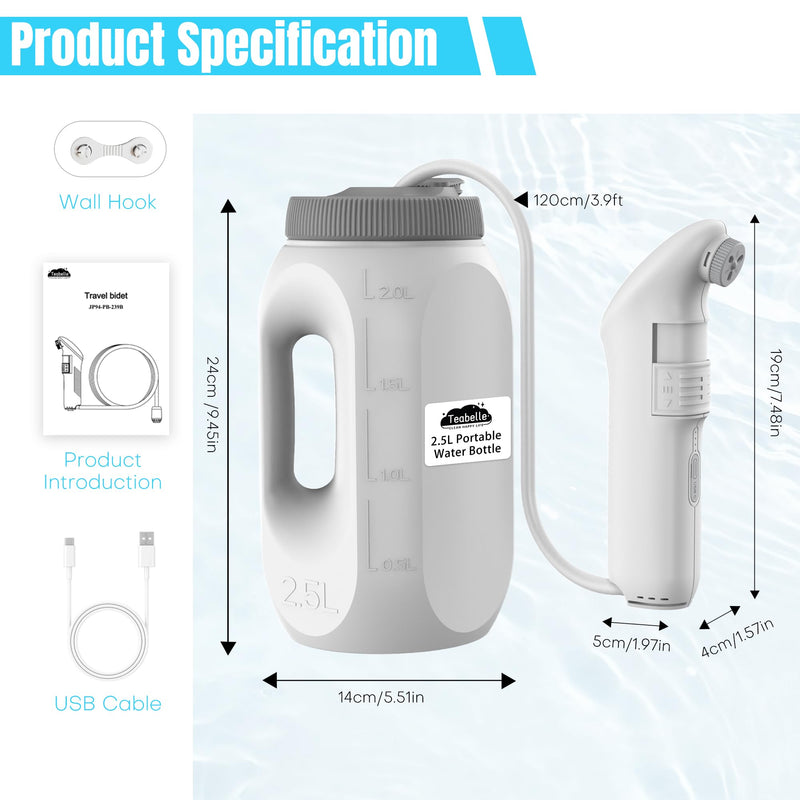 Teabelle Portable High Pressure Electric Bidet with 2.5L Water Bottle, USB-C Rechargeable Travel Bidet, Waterproof Handheld Sprayer for Personal Hygiene & Baby Care