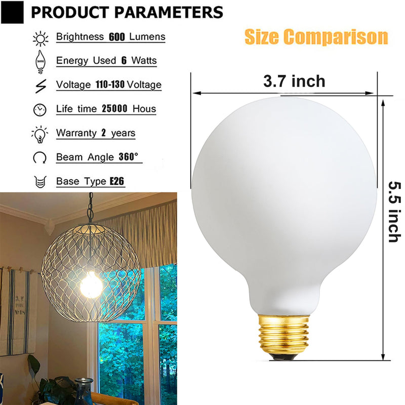 Leools LED Light Bulb G30/G95 Dimmable Flick-Free Matt White 6W Soft White 3000k CRI95 600LM, 60W Equivalent Vintage LED Edison Globe Light Bulb,E26 Standard Base, 4 Pack