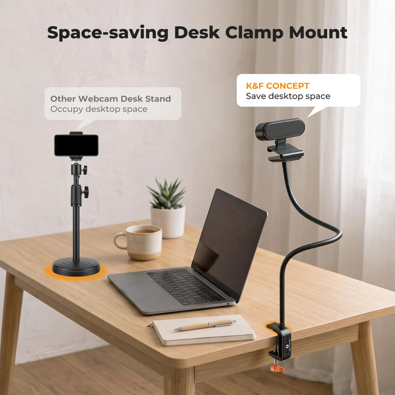 K&F CONCEPT Desk Webcam Camera Mount 27.5" Gooseneck Arm with 1/4" Screw | Overhead Camera Clamp Mount Adjustable Aluminum Arm for Remote Workers Content Creators Streamer Home Office Users, MS-57 27.5" Gooseneck Mount