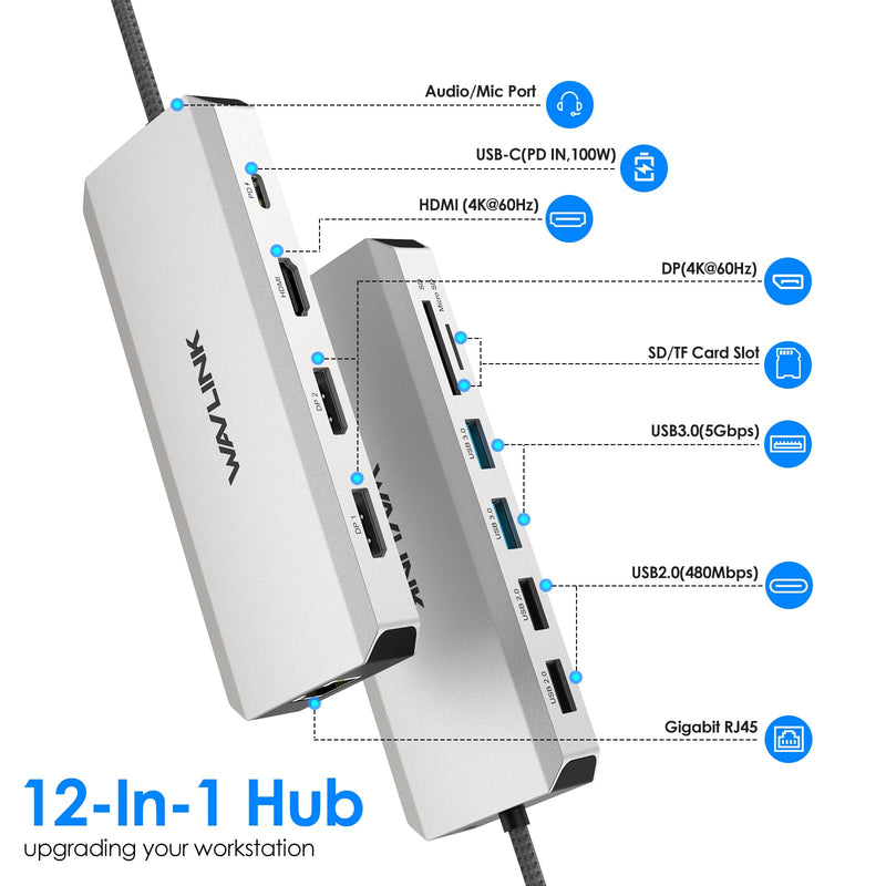 Laptop Docking Station,12 in 1 Triple Display USB C Hub for Windows with Dual DP, HDMI, 100W PD in, Gigabit Ethernet, USB3.0/2.0 Ports, SD/TF Card Reader, Mic/Audio for Lenovo HP Dell Silver