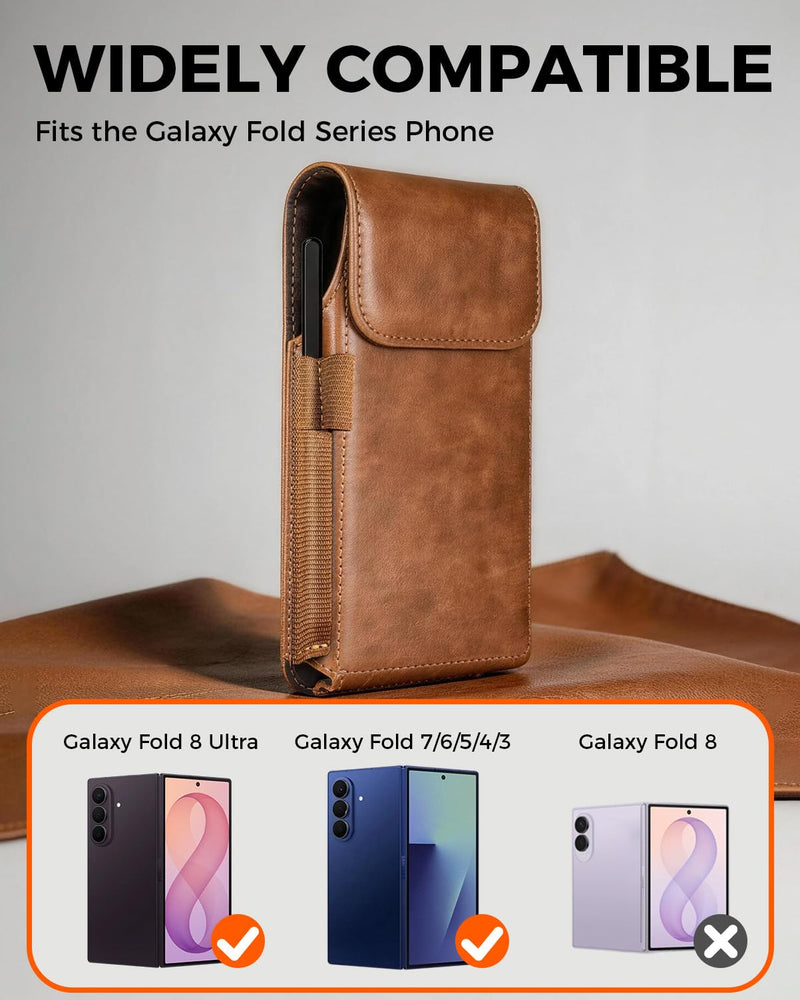 NINKI Belt Clip Holster for Samsung Galaxy Z Fold 8 Ultra 7 6 5 4 3 2 Bag with Card Holder & S Pen Slot & Stylus, Leather Cover Waist Holder Pouch for Samsung Z Fold 8 Ultra Case Holsters Belt, Black Galaxy Z Fold Holster