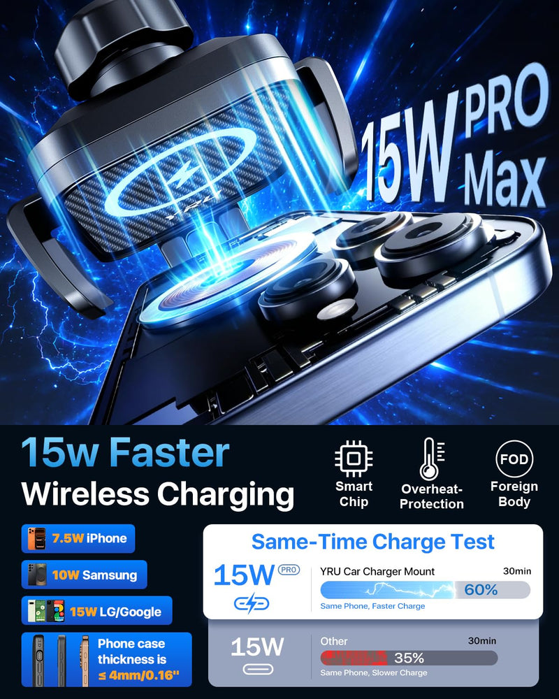 YRU 【Auto-Clamping & 90+LBS Strong Suction 15W Wireless Car Charger Mount | 【Military-Grade & Safety Certs】 Fast Charging Car Phone Holder, Windshield Dashboard Vent Cradle for iPhone 17 16 Pro, Black Dark Black