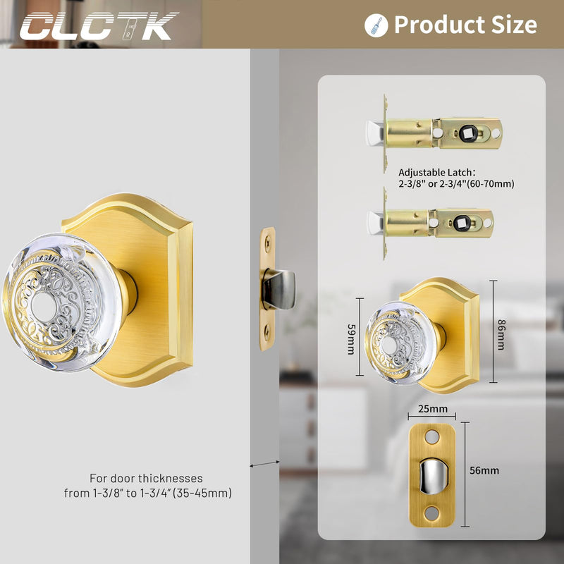 Gold Crystal Glass Door Knob Interior, Brushed Gold Passage Door Knobs for Closet Hall, Satin Brass Passage 1 Pack