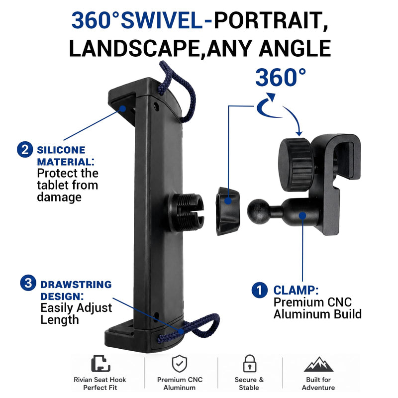 Car Headrest Tablet Holder for Rivian R1T, R1S, R2 with CNC Metal Base | Travel Essential 360° Adjustable Back Seat Tablet Mount, Compatible with iPad and Galaxy Tab for Road Trips & Family Travel