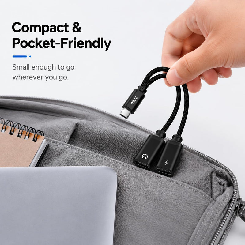 pzoz USB C Headphone Adapter, 100W Audio Charging Splitter for iPhone | 2-in-1 USB-C adapter lets you charge and use wired headphones at the same time, perfect for music, gaming and calls.