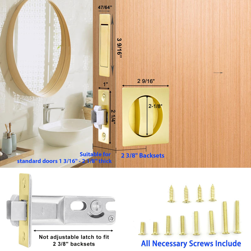 Dontay Pocket Door Passage Latches Lock,Flush Double Sided Rotation,Privacy (Bed/Bath) Latch,Large Lever,Hardware for 1 3/8" to 2 3/16" Sliding Door & Bathroom Doors (Satin Brass, Square - 1 Set) Satin Brass