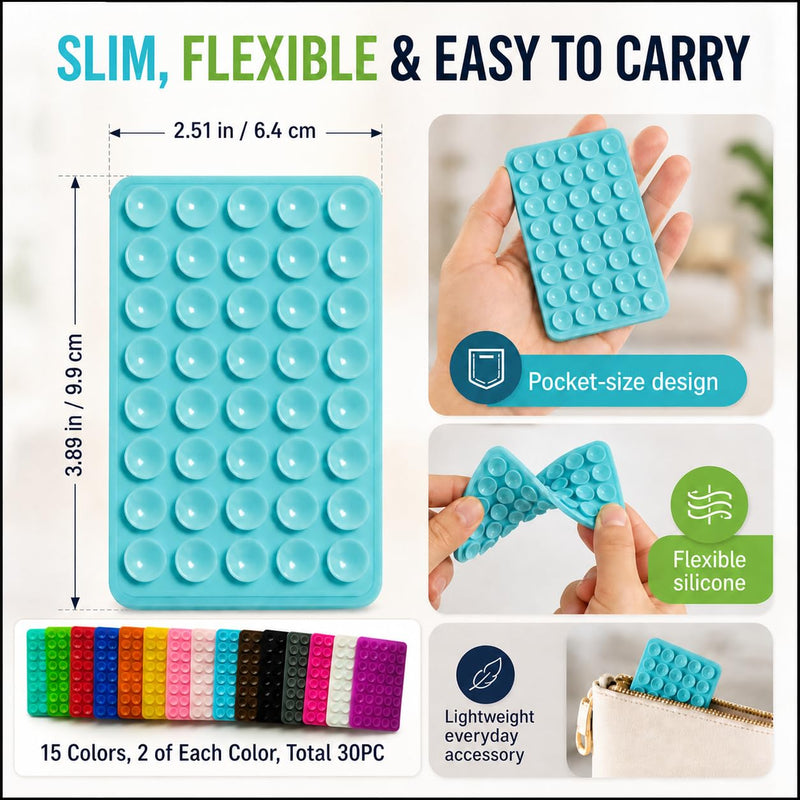 30 Pack Silicone Suction Phone Grip, Double-Sided Suction Cup Phone Holder | 40 Suction Cups for Strong Grip, Washable and Reusable Grips in 15 Colors for Mirrors, Gyms, Cars and Bathrooms
